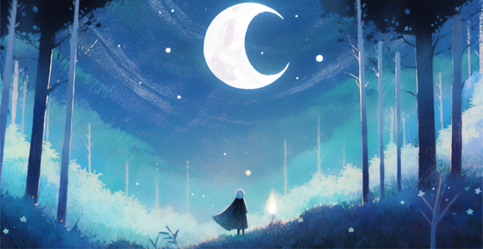 神秘的树林里在看月亮的小孩