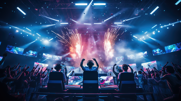 电子竞技比赛决赛现场夺冠瞬间主持人解说员激动欢呼特写图片