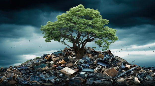 城市垃圾堆上的一个树环保宣传概念图