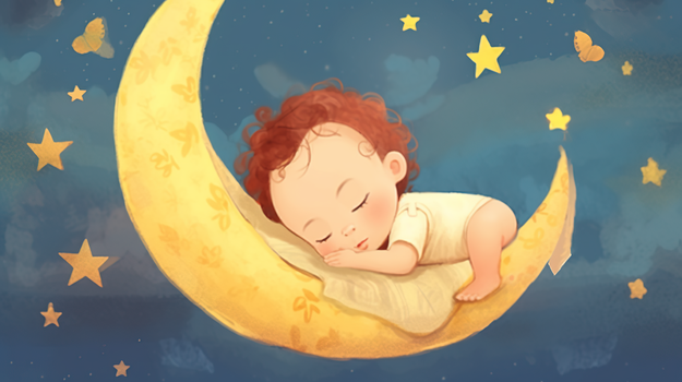 趴在月亮上睡觉的小宝宝插画