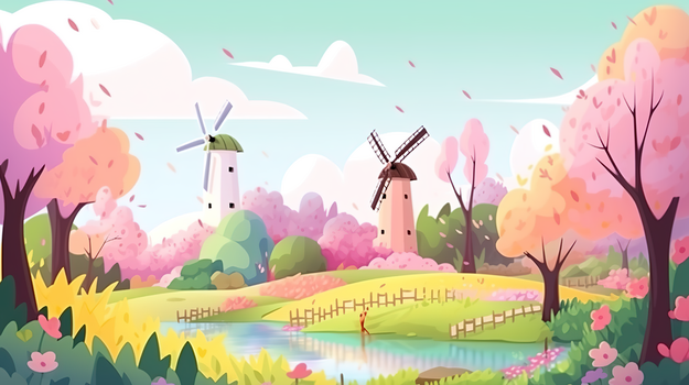 jpg唯美清新河边风景矢量插画jpg像素:1450 x 1632格式: jpg卡通呈行