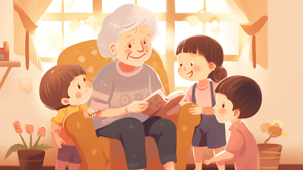 坐在沙发上给小朋友讲故事的老奶奶插画