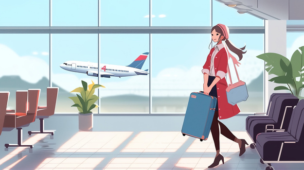 独立的女生在机场拎着行李箱一个人去旅行