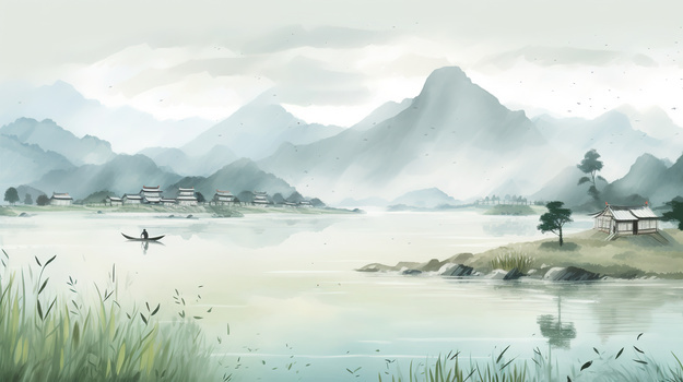 中国风水墨画湖面泛舟和美丽的山景