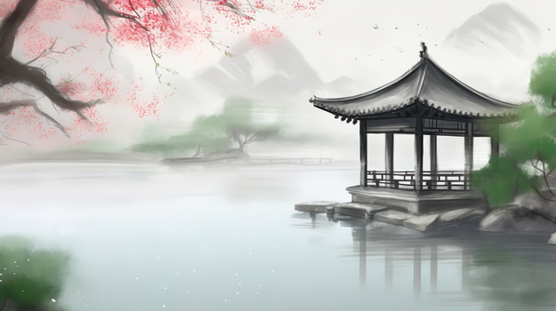 中国风水墨画春季唯美的湖边美景