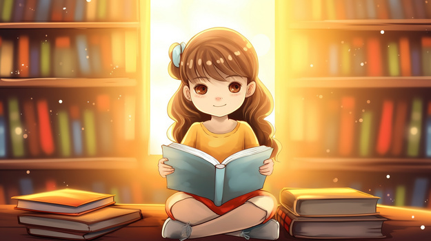 2912 x 1632格式: jpgjpg卡通可爱的小女孩坐在郊外看书像素:2912 x