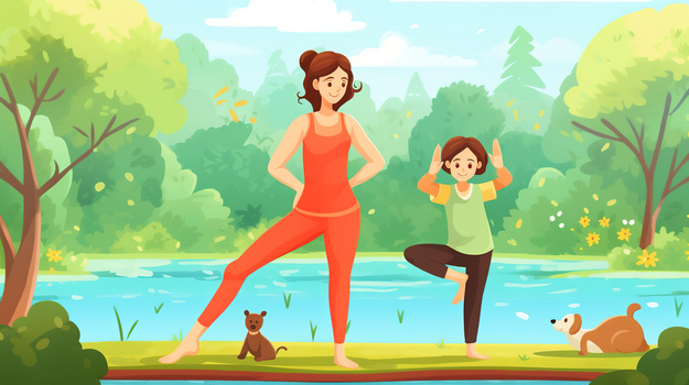 卡通风在室外做瑜伽的妈妈和孩子