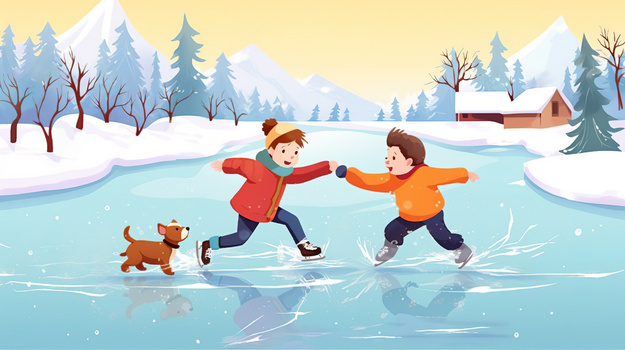 卡通风下雪天玩滑冰的儿童