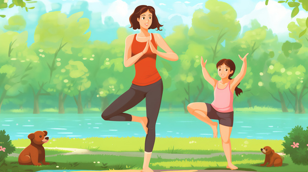 卡通风在室外做瑜伽的妈妈和孩子
