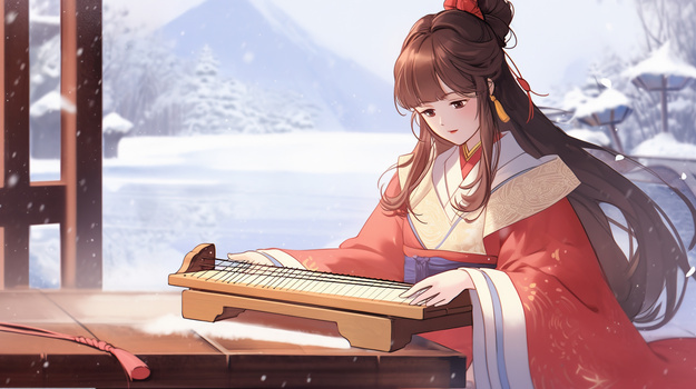 冬天下雪湖边古风女子在弹琴插画
