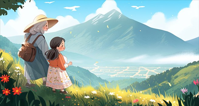 重阳节登高望远的母女插画