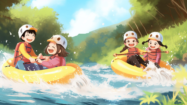 快乐暑假儿童水上漂流娱乐插画