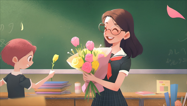 教师节学生给老师献花插画
