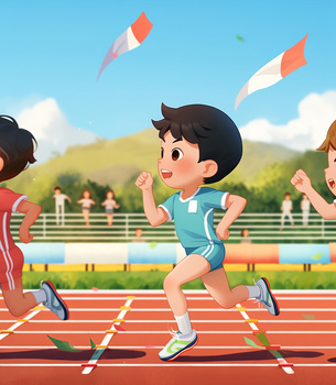 学校运动会赛场上努力向前奔跑的孩子特写插画