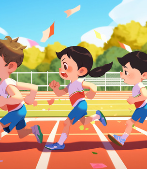 学校运动会赛场上努力向前奔跑的孩子特写插画