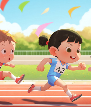 学校运动会赛场上努力向前奔跑的孩子特写插画