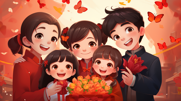 可爱卡通开心的一家人在春节走亲戚拜年创意插画
