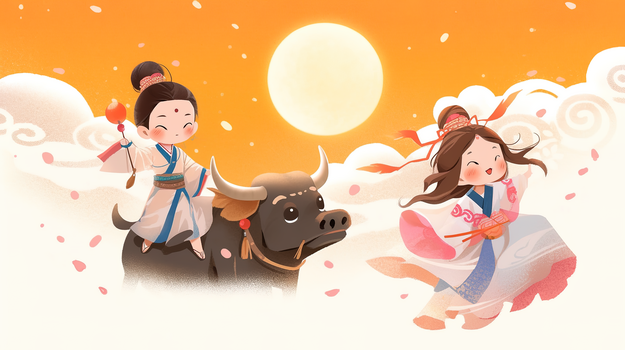 可爱卡通q版牛郎织女七夕创意插画