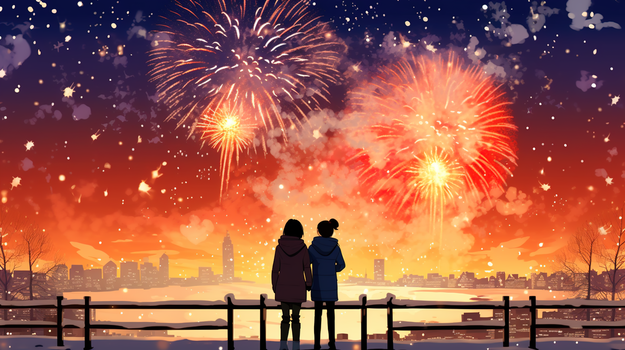 唯美春节节日烟花插画