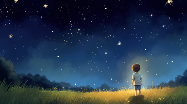 唯美梦幻星空下的少年卡通插画