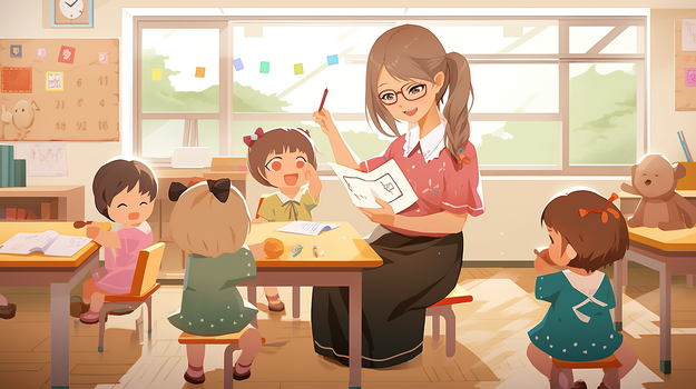 幼儿园教室老师在给可爱的孩子们上课创意插画