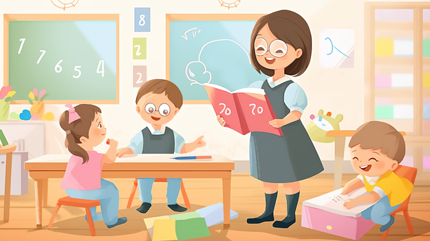 幼儿园教室老师在给可爱的孩子们上课创意插画