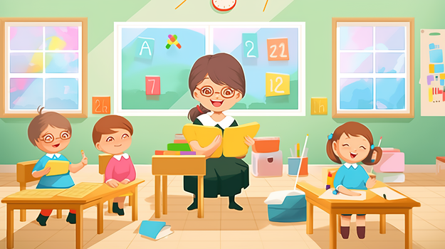 幼儿园教室老师在给可爱的孩子们上课创意插画