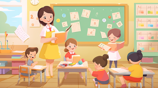 幼儿园教室老师在给可爱的孩子们上课创意插画