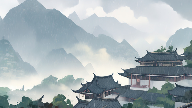 雨过山村插画图片