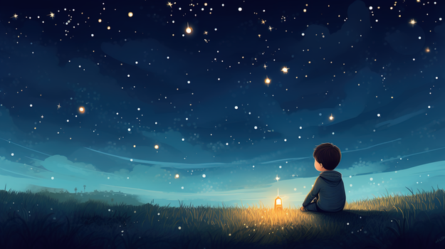 唯美梦幻星空下的男孩卡通插画