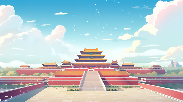 中国皇宫古建筑群扁平插画