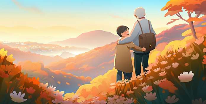 重阳节老人登高看风景插画