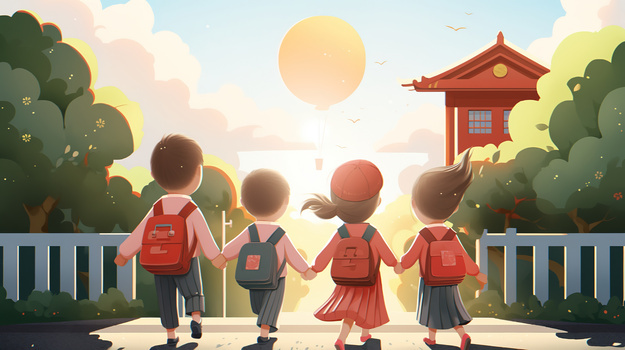 开学季卡通小学生手牵手一起上学插画图片素材下载_jpg格式_熊猫办公