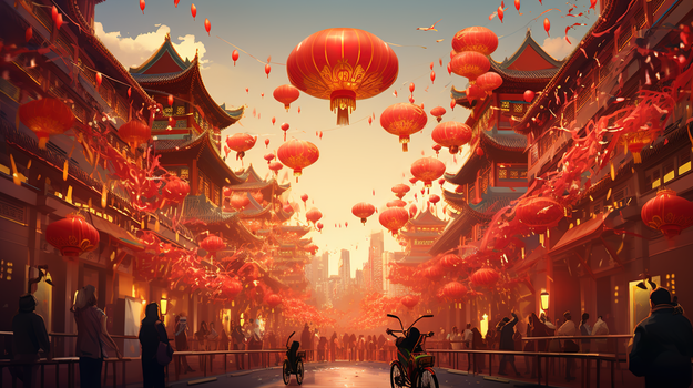 红色春节中国风热闹集市建筑插画