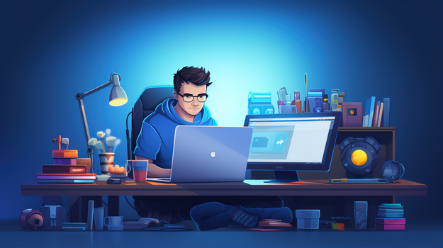 在电脑前认真工作的程序员商务插画