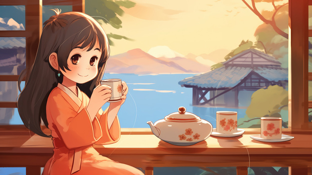 卡通日系风格一个女孩坐在窗边喝茶