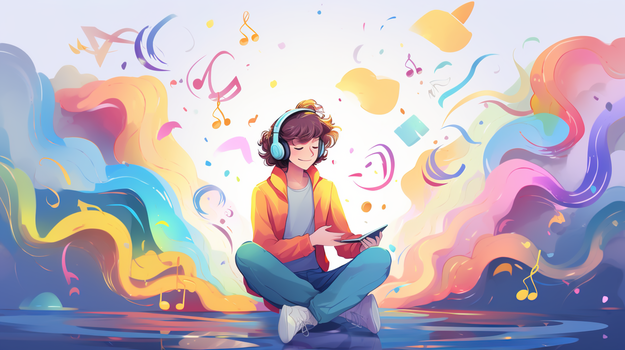 戴着耳机沉浸在五彩缤纷音乐世界的年轻人插画