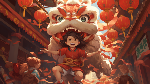 喜庆中国风节日舞狮庆贺传统表演创意插画