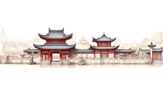 中国风古典建筑线条感插画