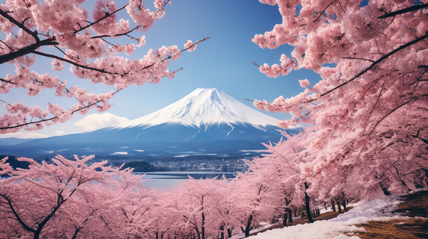 唯美粉色樱花和日本富士山风景图片