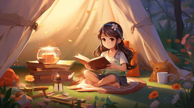 像素:2912 x 1632格式: jpgjpg夜晚草地帐篷里温暖灯光旁的女孩动漫