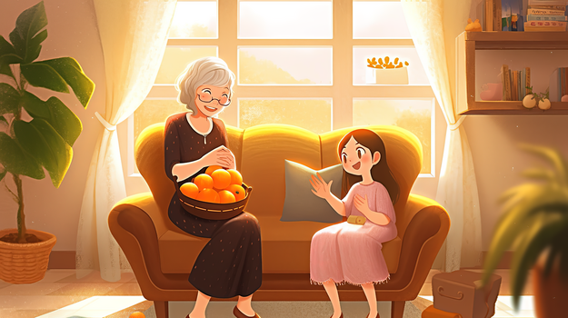 女孩看望奶奶插画