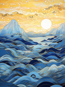 蓝色中国风山水鎏金创意插画