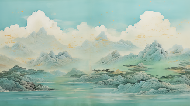 蓝色中国风山水美景国画晕染插画