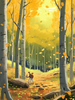 秋天金色落叶纷飞的白桦树林风景插画