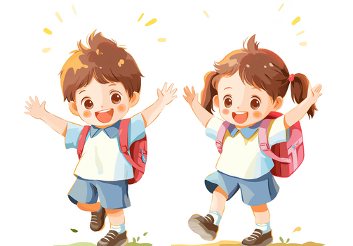 可爱的小朋友在上学路上开心的玩闹创意插画