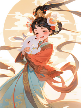 古风少女中秋节抱着兔子嫦娥仙子创意插画