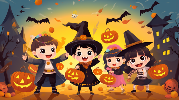 万圣节卡通南瓜可爱儿童捣蛋讨糖插画