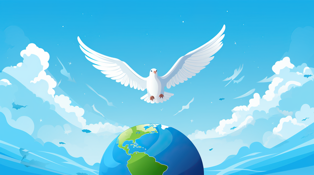世界和平日蓝天白云和平鸽地球插画
