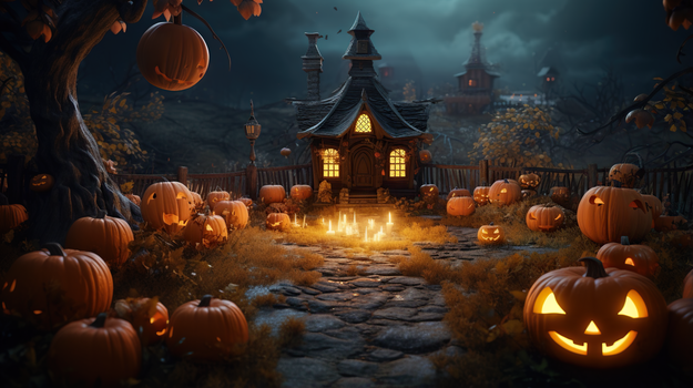 万圣节森林里女巫的房子插画